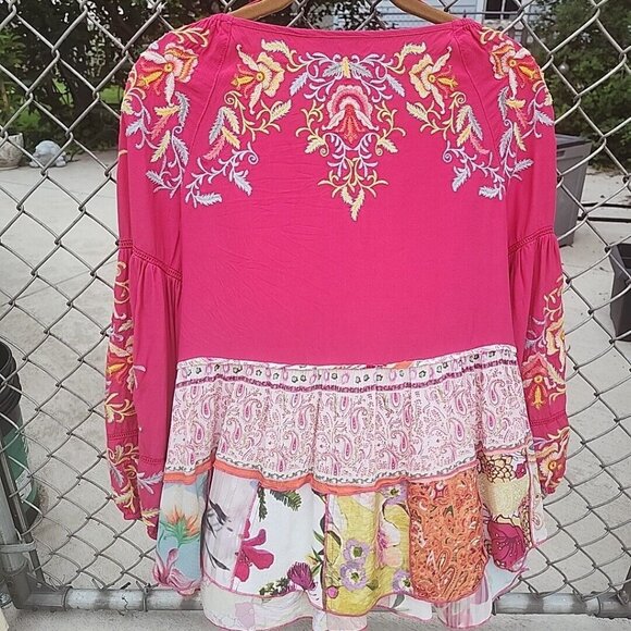 Size XS Fuchsia Floral Embroidered 3/4 Sleeve Blouse by John Mark Baby Doll Boho - Picture 6 of 11